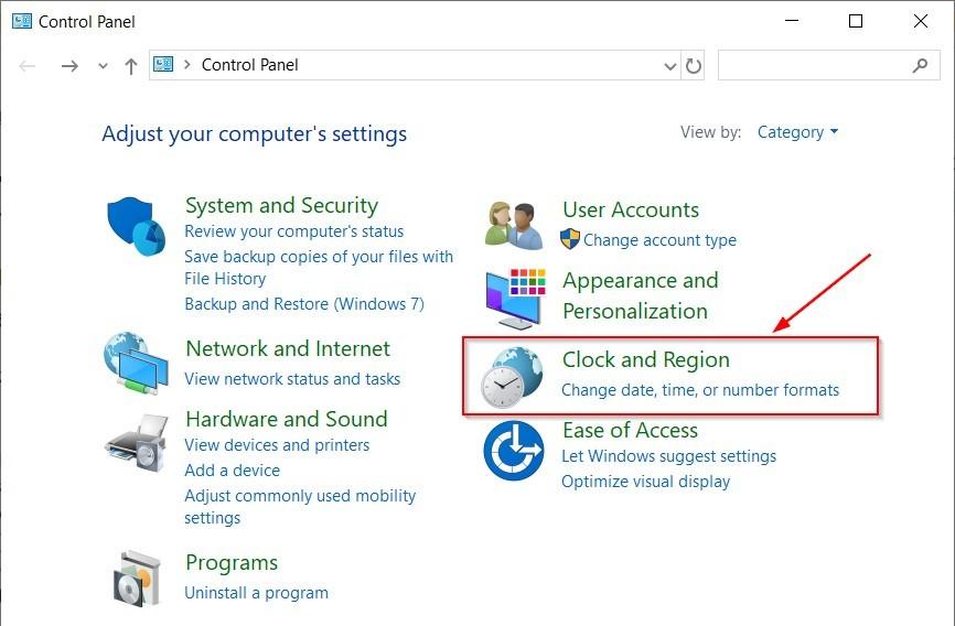 Vị trí Region trong Control Panel